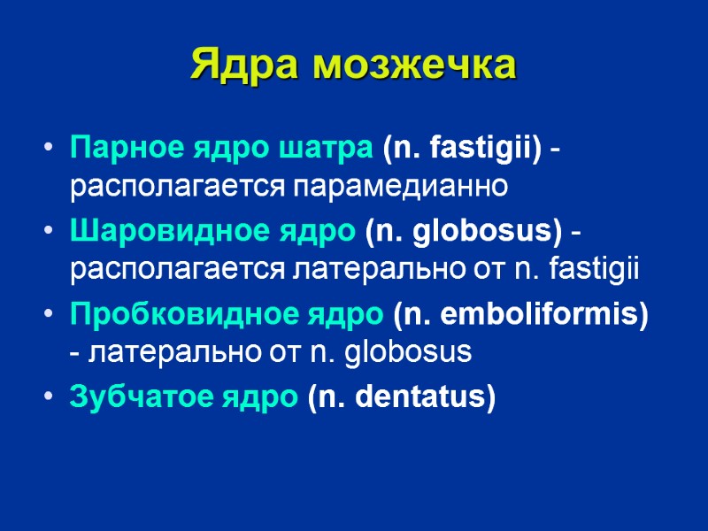 Ядра мозжечка Парное ядро шатра (n. fastigii) - располагается парамедианно  Шаровидное ядро (n.